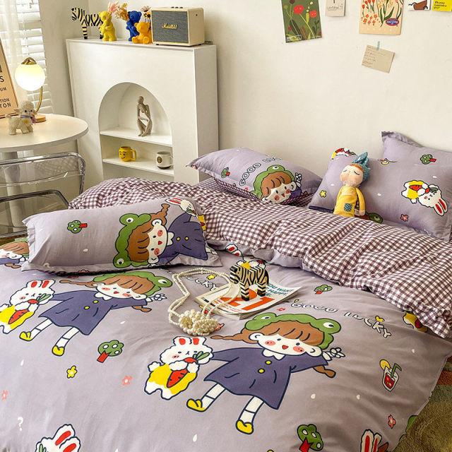 Fashion Bedding Set White Green Double Bed Linens Quilt Duvet Cover Pillowcase Queen Size Flat Sheet Classic Grid for Girl Boy
