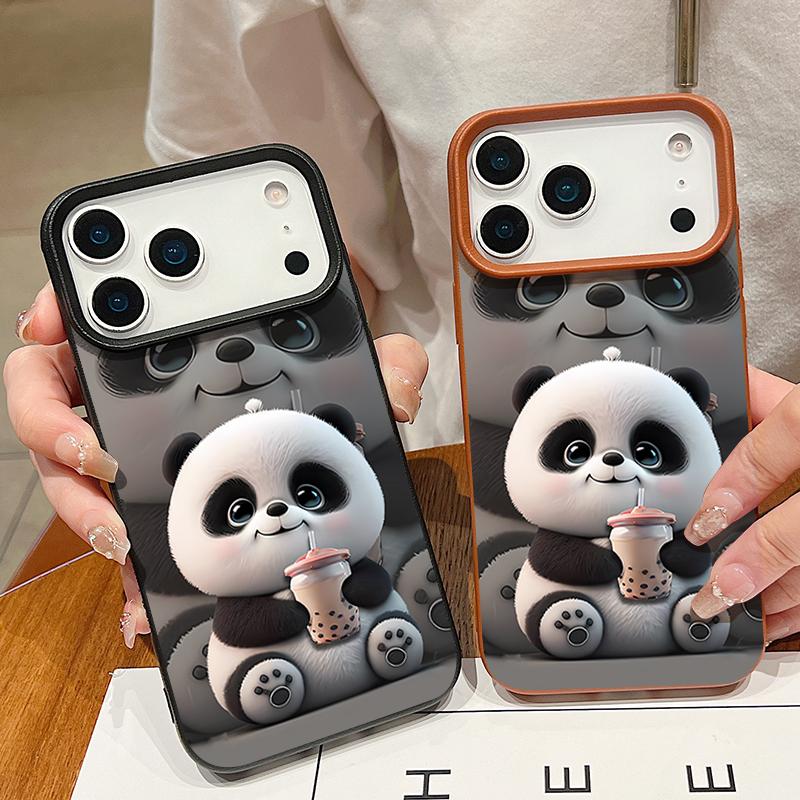 Case For iPhone 17 Pro Max Milk Tea-drinking Panda Pattern Leather Texture Soft Silicone Cover For Funda iPhone 16 Pro Max 15 14 13 12 11 Air 16E