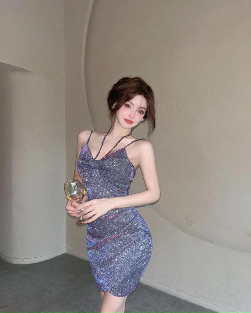 Sparkling Spaghetti Strap Mini Dress with Glitter Sequins