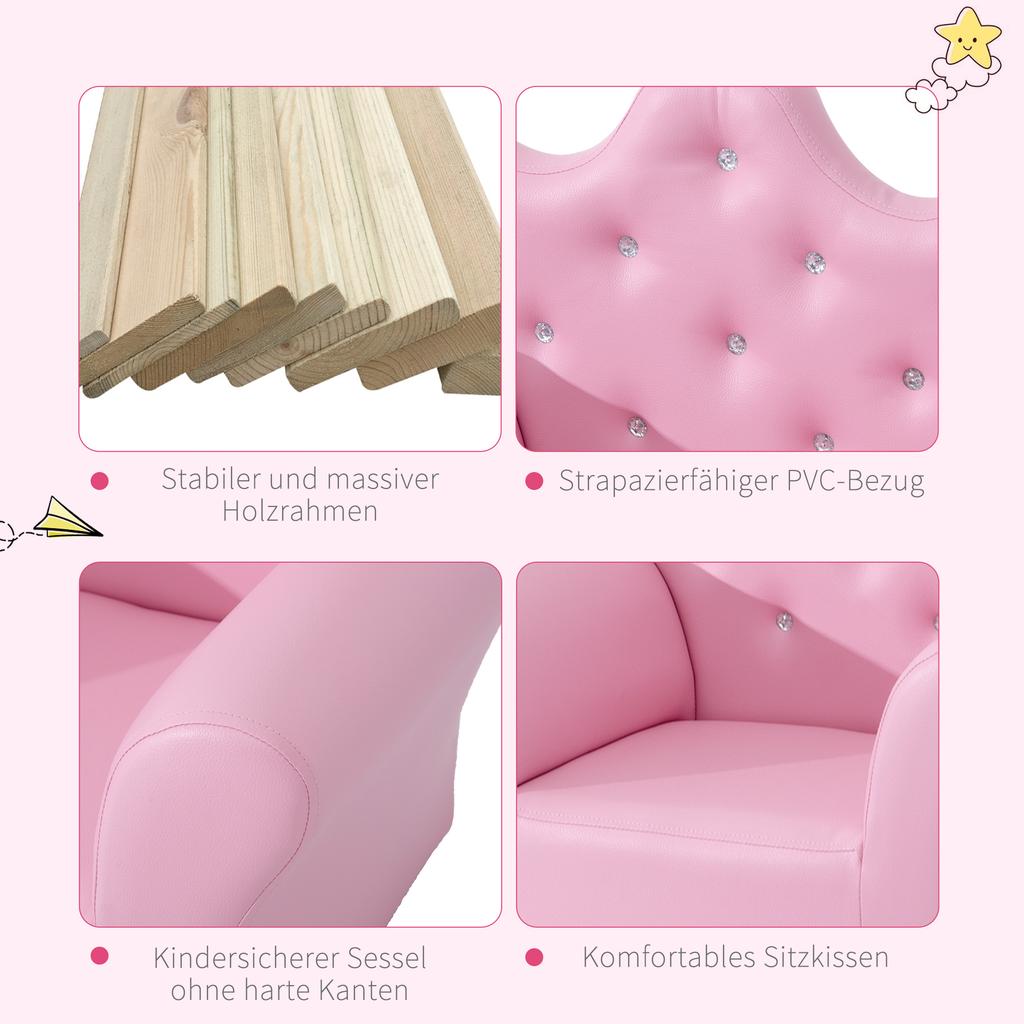 Dětská souprava pohovky Křeslo Židle Sedátko s volným podnožkou PU kůže pro dívky 58D x 40,5Š x 49V cm Růžová