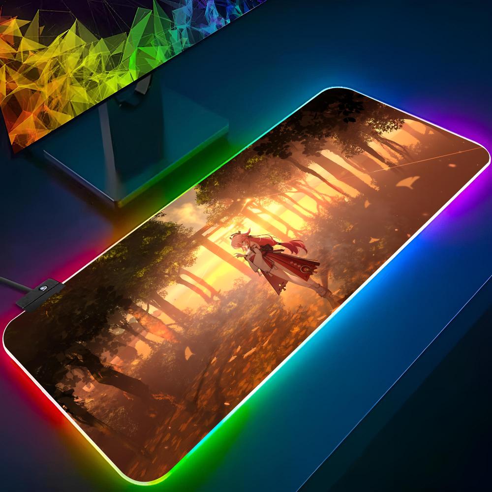 Yae Miko Genshin Impact Mouse Pad Gaming Rgb Mousepad Diy Printing Backlit Keyboard Gamer Girl Xxl Laptop Mat Table Pads Deskpad
