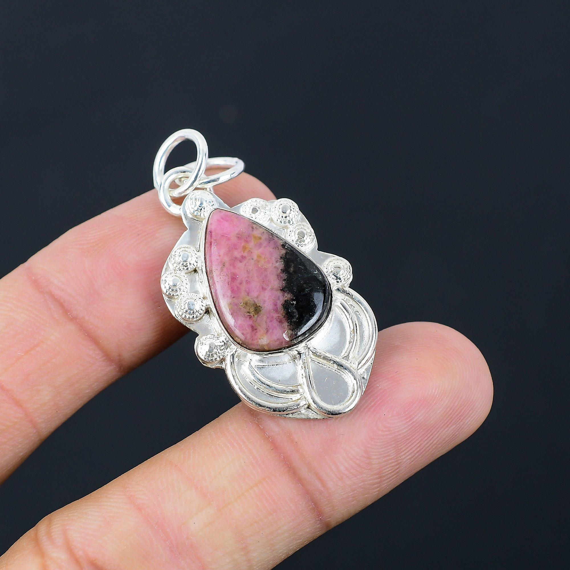 925 Silver Pear Rhodonite Stone Heart Chakra Wedding Handmade Mother New Pendant