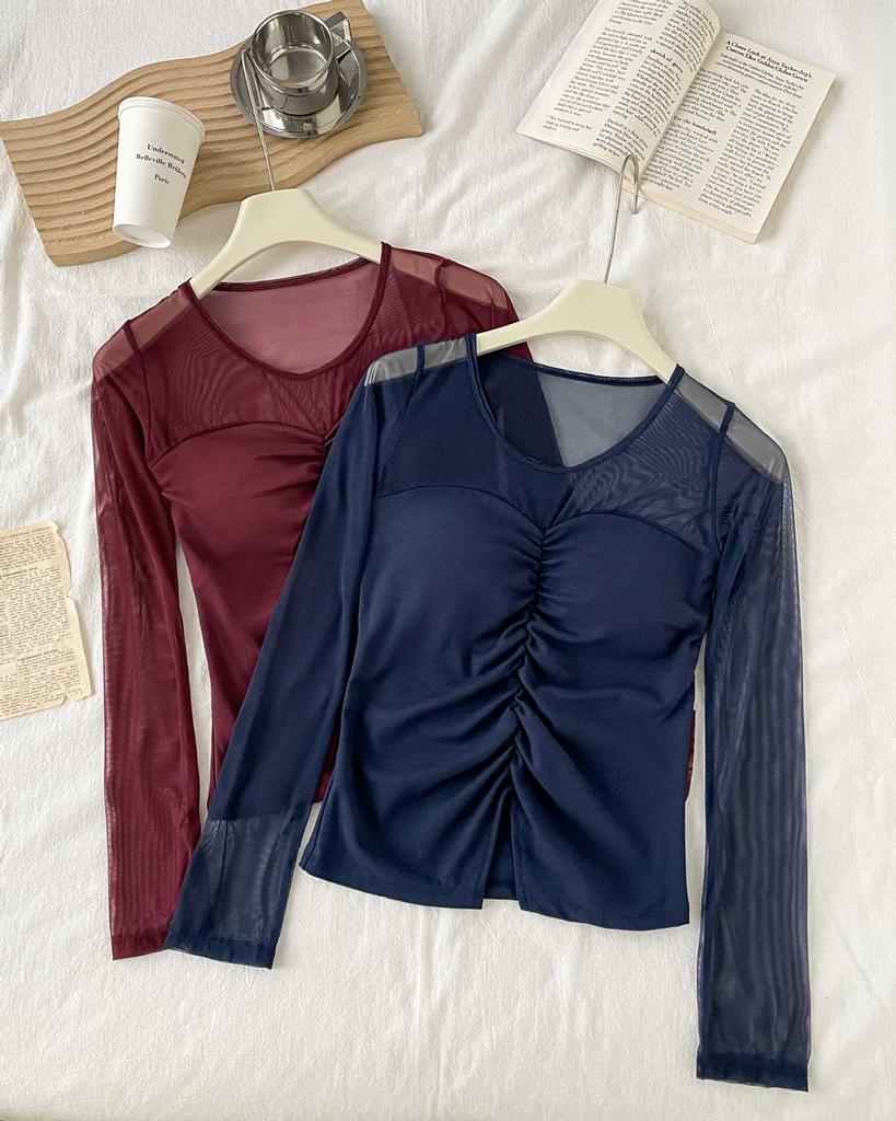 2026 Spring/Summer Women's Slim Mesh Layer Round Neck Long Sleeve Top