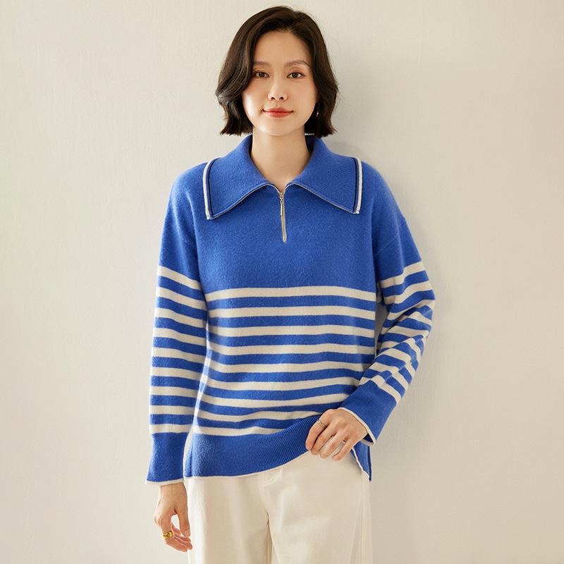Cashmere Striped Zip-Up Lapel Sweater - New 2024 Autumn/Winter Korean Style Women's Knit Base Layer, Loose & Slimming Fit