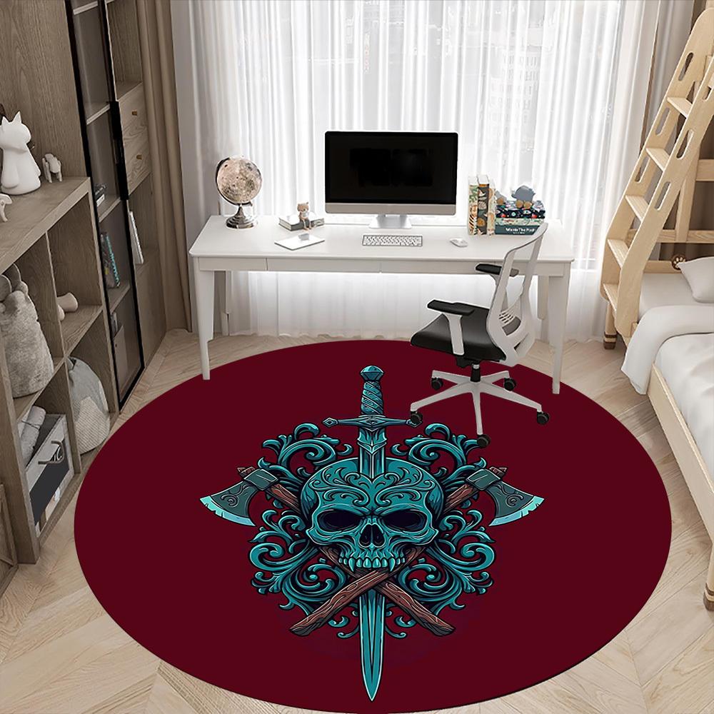 1pc Sword Skull Office Round Area Rug, Under Office Chairs Bedroom Living Room Home Decor, Room Deco, Available in Various Sizes
