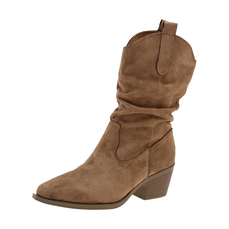 Pile Boots Women's Autumn Pointed Head Mid-heel Boots Western Cowboy Wasteland Wind Pleated Boots Merard Knight Boots