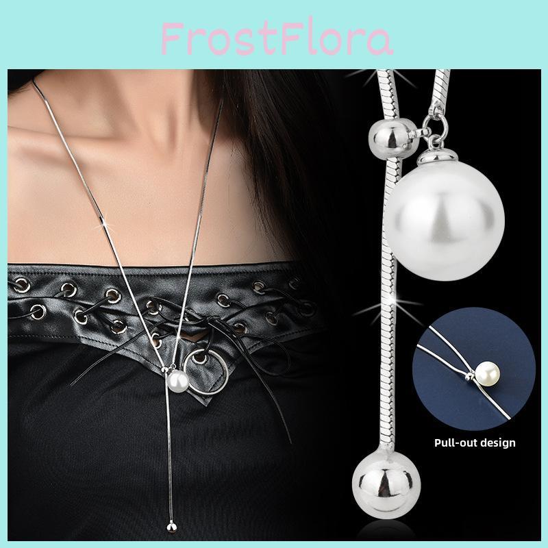 Elegant Long Pearl Necklace For Women In Titanium Steel With Geometric Design Ideal For Fall And Winter Fashion