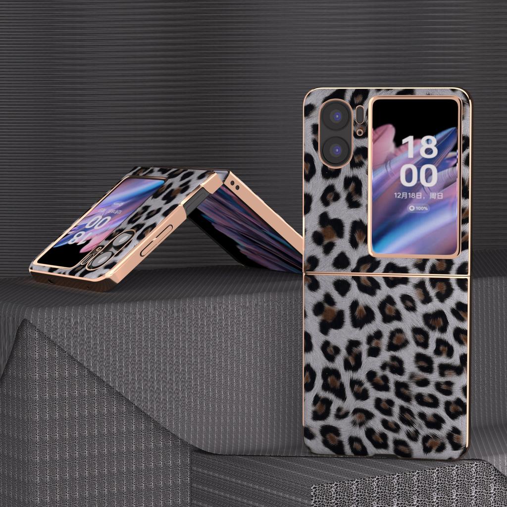 Electroplating Phone Case for Oppo Find N2 Flip 5G,Leopard Pattern Hard PC+PU Leather Phone Cover