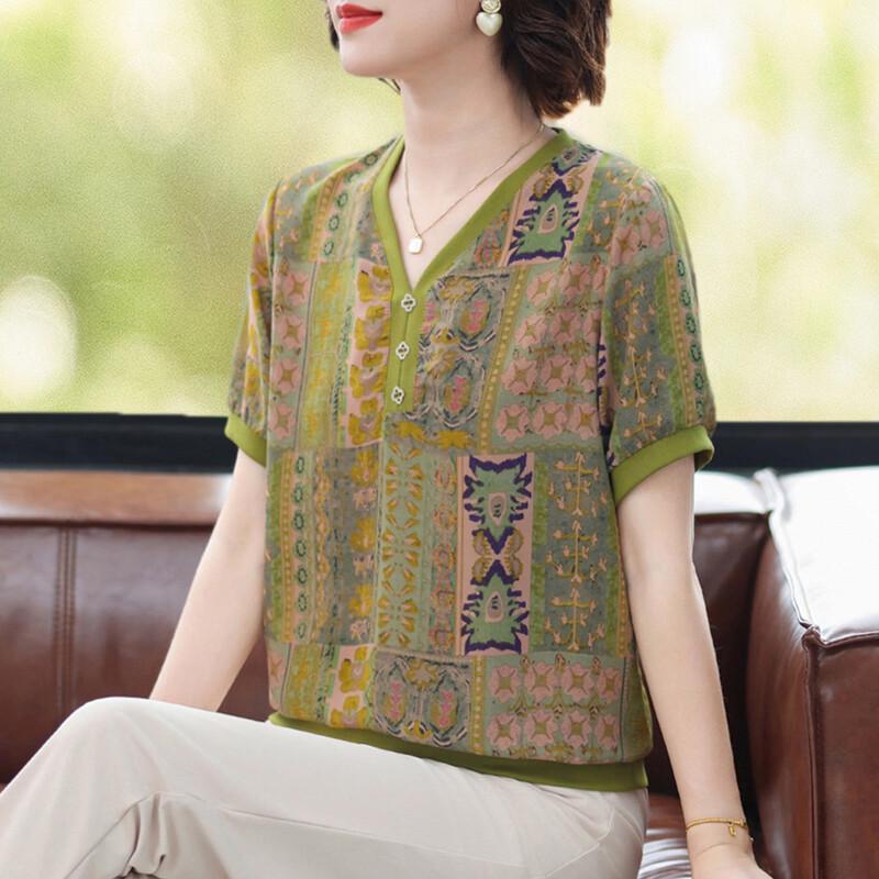 Paster Summer V-Neck Floral Print Short Sleeve Blouse 2XL зелёный