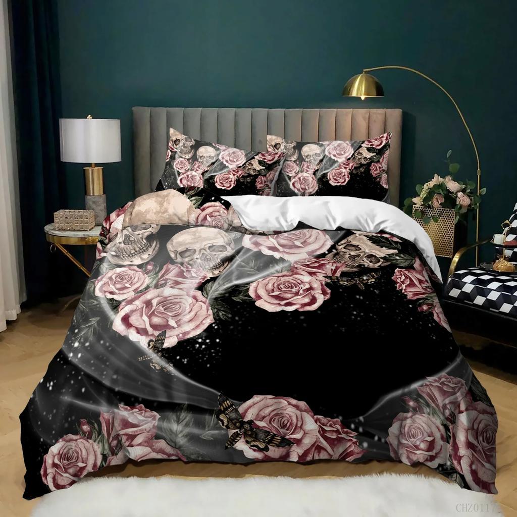 Sugar Skull Duvet Cover Scary Skeleton Comforter Cover Queen Twin Size For Adults Teen Halloween Decor Gothic Skull Bedding Set