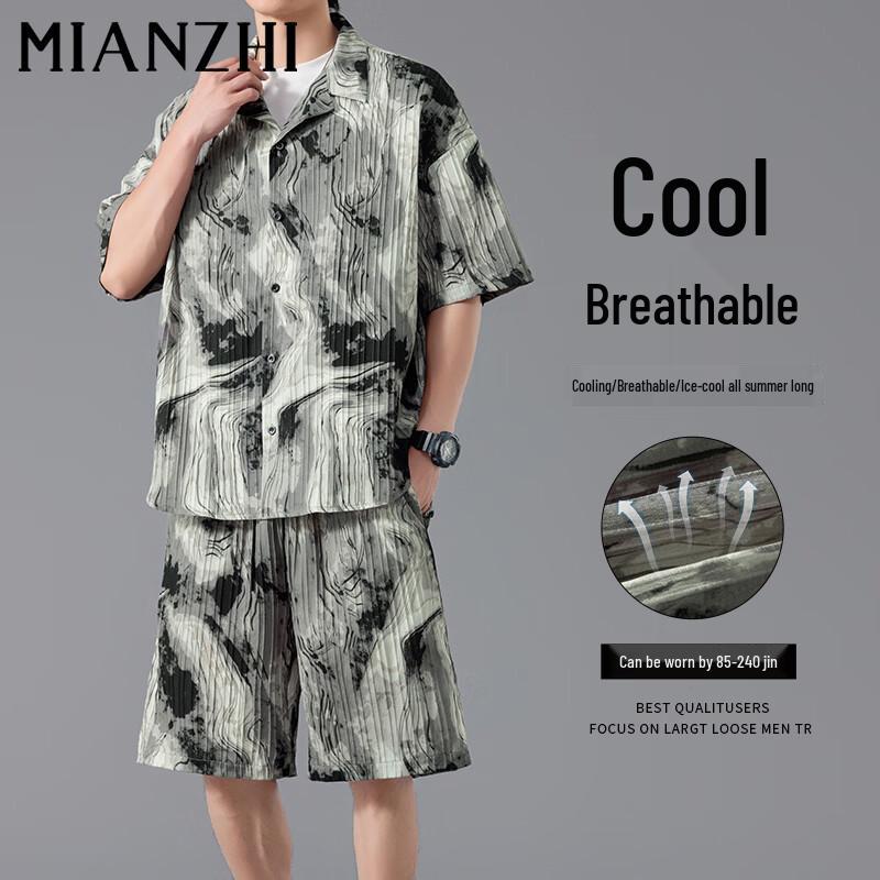 

Men s Casual Ice Silk Short-Sleeve Shirt & Shorts Set L