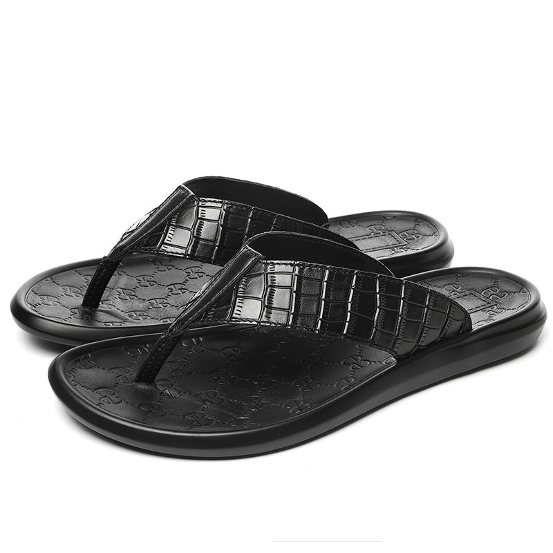 

Модные летние мужские тапочки из высококачественной коровьей кожи с низким верхом, износостойкие, нескользящие, пляжные шлепанцы для мужчин 44 чёрный