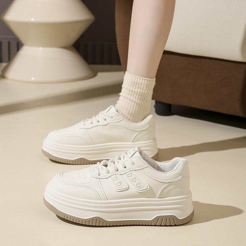 Women's Thick-Soled White Casual Board Shoes, Campus Style Versatile Footwear For Petite Students.