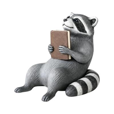 Lesende Waschbären Figur, Regal-Sitzer mit Buch-Halter-Design, Skulpturierte Felltextur, Sammlerstück für Bücherregale, Schreibtische und Vitrinen