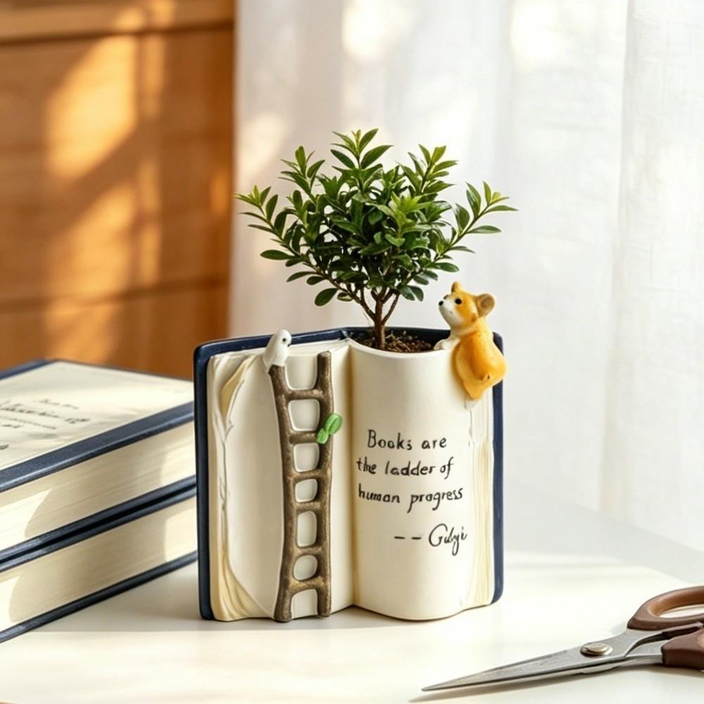 Cartoon Book-Shaped Planter Polyresin Open Book Flower Pot Succulent Planter  Small Planting Use
