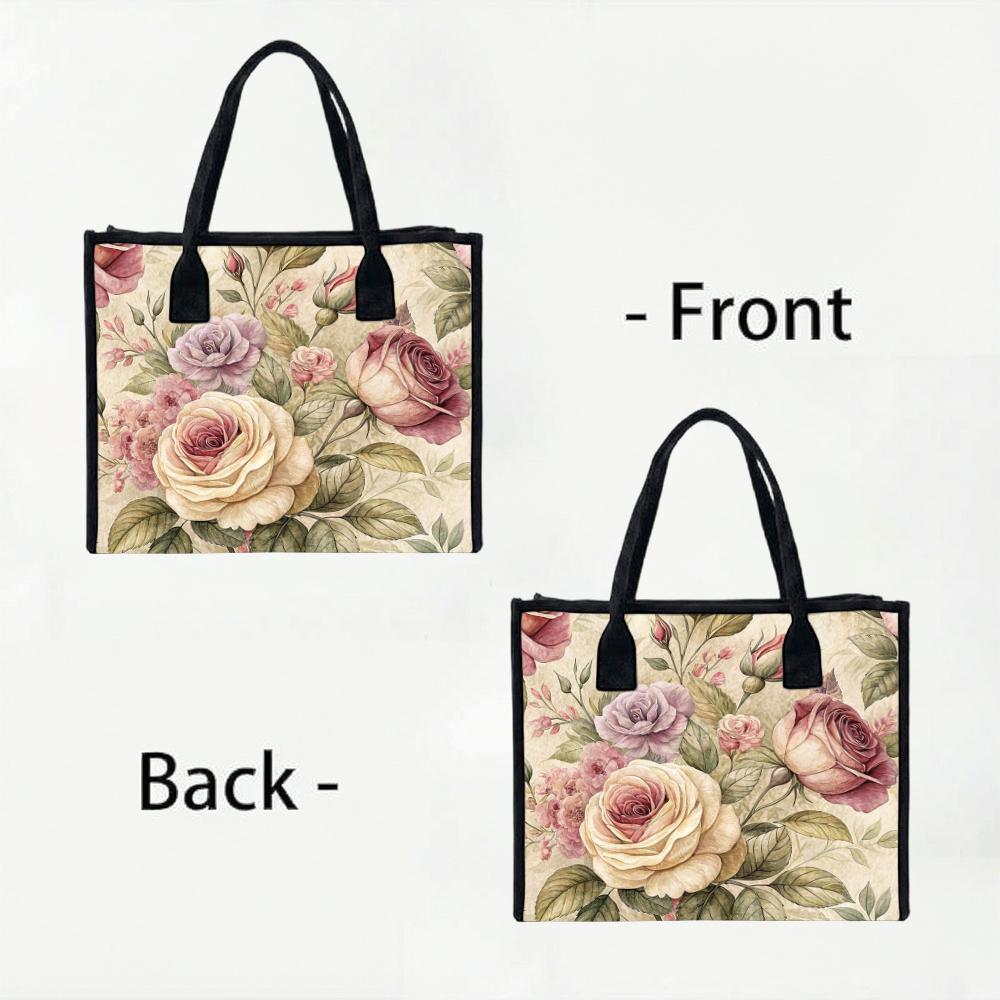 Vintage Rose Print Tote Bag for Women Casual Daily Use Fashion Large Capacity Handbag for Shopping Travel Work