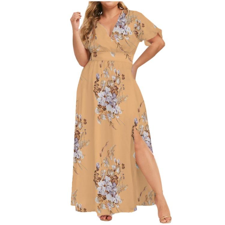 2024 Summer Women's Dress Large Size European American Printed Hem Split Fashion Trendy