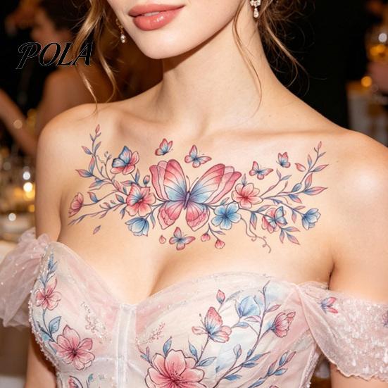 5 Sheets Colorful Butterfly Flower Tattoo Stickers, Waterproof Temporary Body Art, Hypoallergenic Floral Chest Back Decals for Women Girls