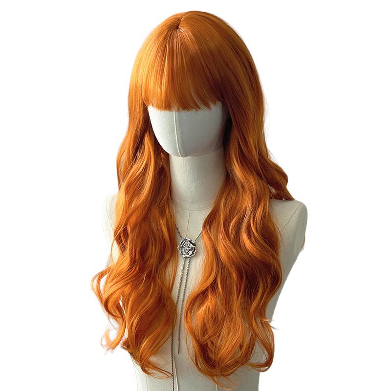 Orange Long Curly Wig with Bangs - Wavy Synthetic Hair, Full Coverage