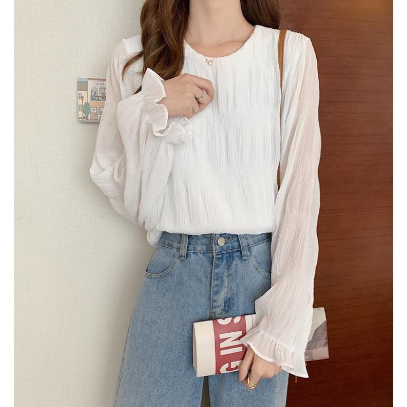 Spring and Autumn New Style Round Neck Temperament Commuter White Pleated Long-sleeved Chiffon Shirt Top M