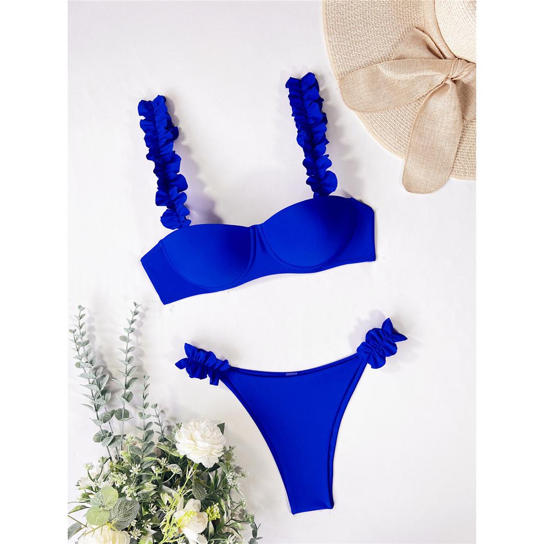 

модний новий купальник з рюшами та пуш-ап. L синій