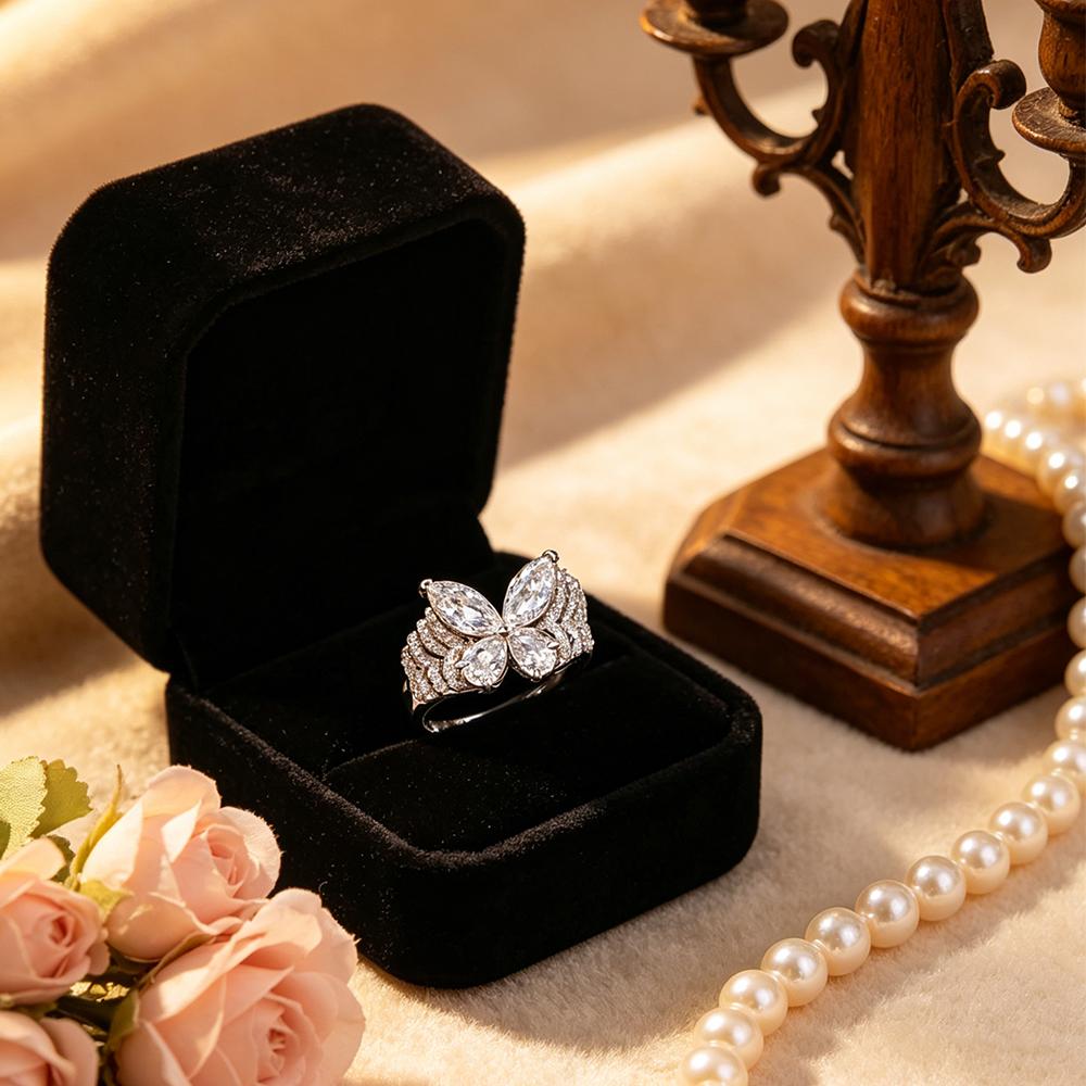 Exquisite Copperbutterfly ring, sparkling cubic zirconia ring, elegant anniversary jewelry gift