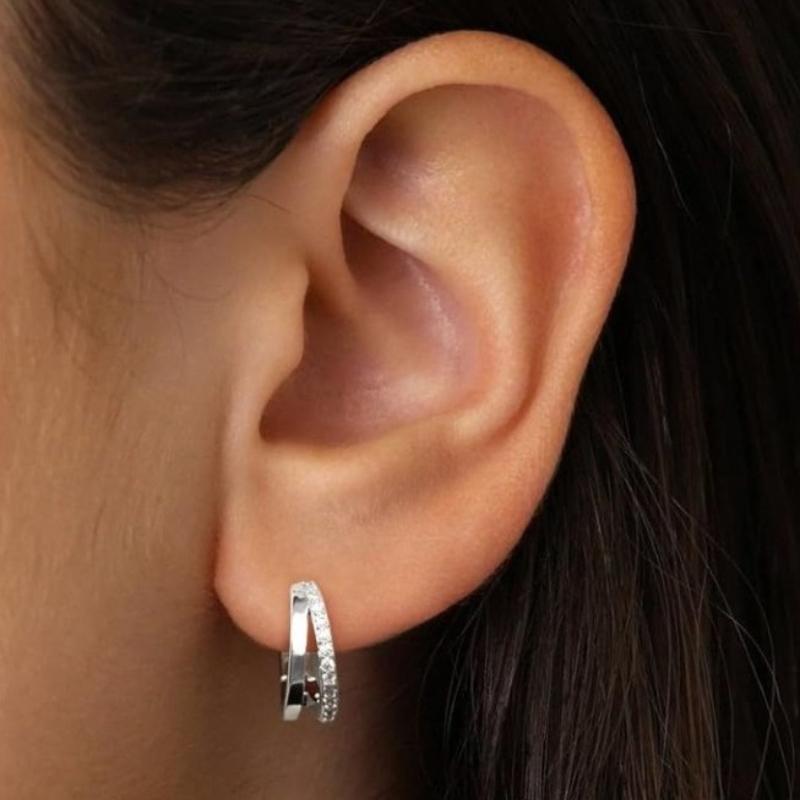 Stainless Steel Double Layer Zircon Hoop Earrings for Women Girls Elegant Punk Earring Stud Style Party Fashion Jewelry Gifts