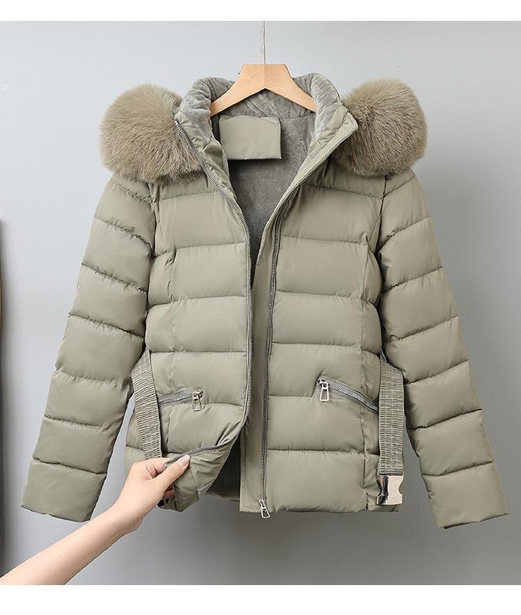 Dámská krátká bunda s velkou kožešinovou kapucí, větruodolná, zateplená, teplá, zimní bunda s páskem