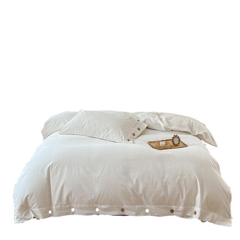 Retro Japanese Style Washable Cotton Bedding Set - Plain Stripe, Button Design, 3-Piece