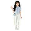 Girls Summer Preppy 2 Piece Set Ruffle Short Sleeve Shirt And Tiered Cake Skirt Outfit For Big Kids