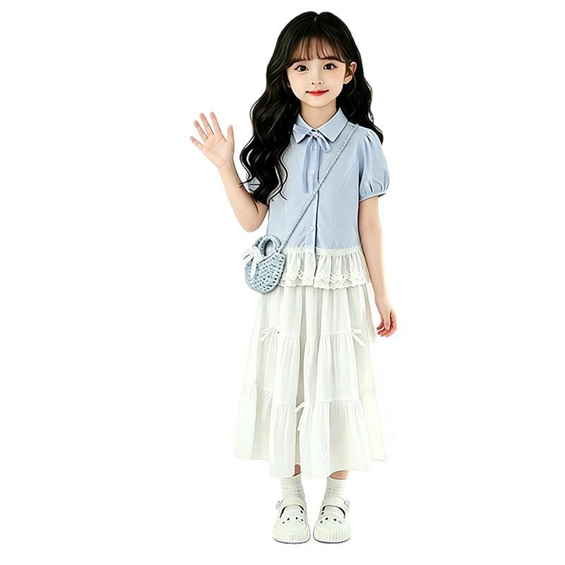 Girls Summer Preppy 2 Piece Set Ruffle Short Sleeve Shirt And Tiered Cake Skirt Outfit For Big Kids