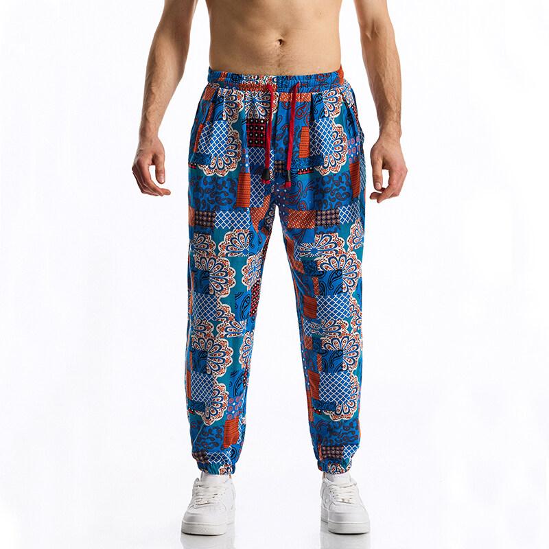 Pánské lněné kalhoty s boho kmenovým potiskem, bavlněné letní ležérní stahovací kalhoty pro venkovní sport, běžecké jogger tepláky