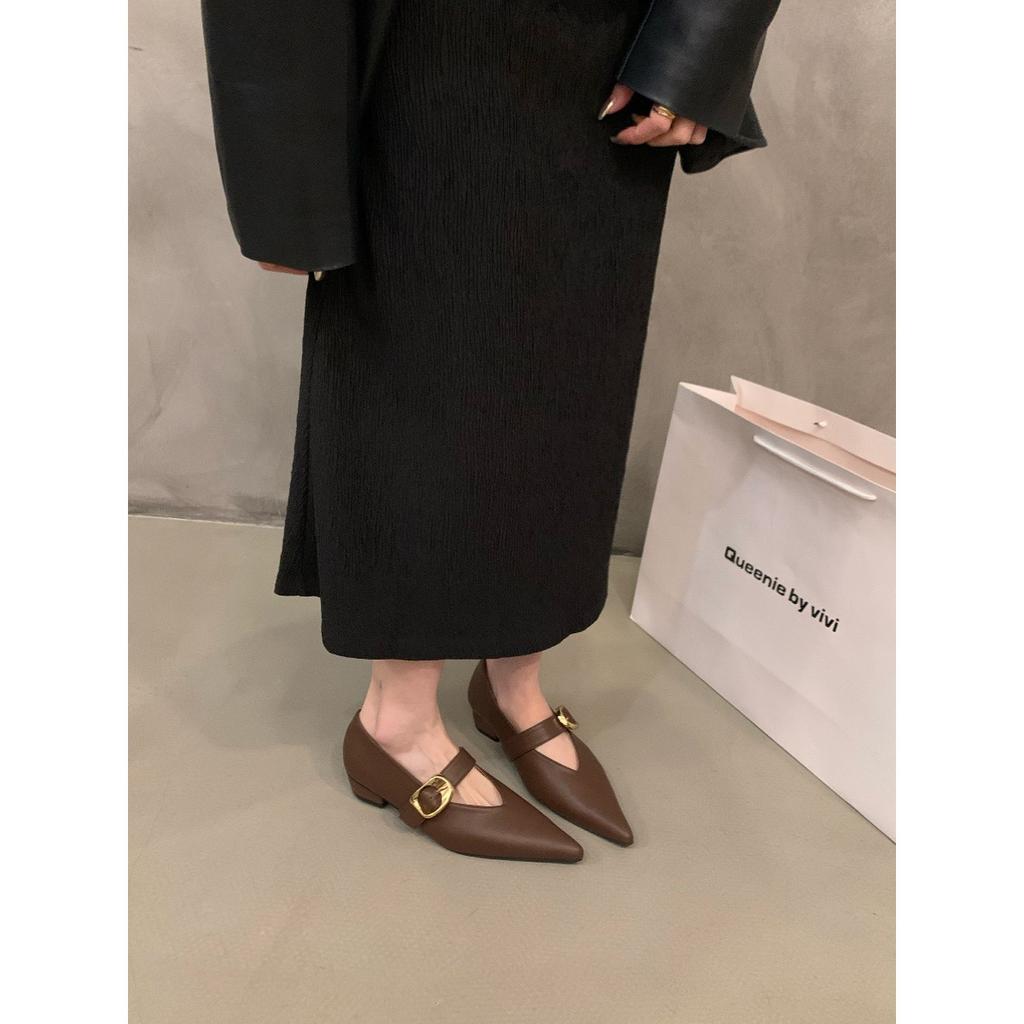 Zapatos Negros de Punta con Suela Plana para Mujer Zapatos de Verano Franceses de Tacón Bajo Temperamento Mary Jane Zapatos Pequeños de Cuero