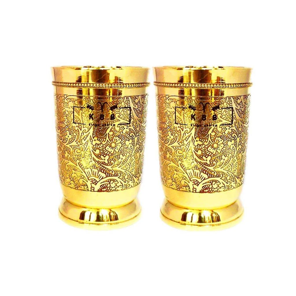Pure Brass Glass Tumbler with Etching Art Finish, Indian HANDWORKED, (Pack of 2)