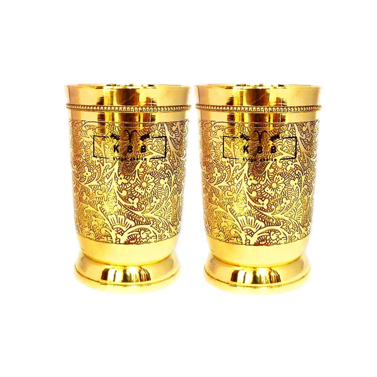 

Pure Brass Glass Tumbler with Etching Art Finish, Indian HANDWORKED, (Pack of 2)