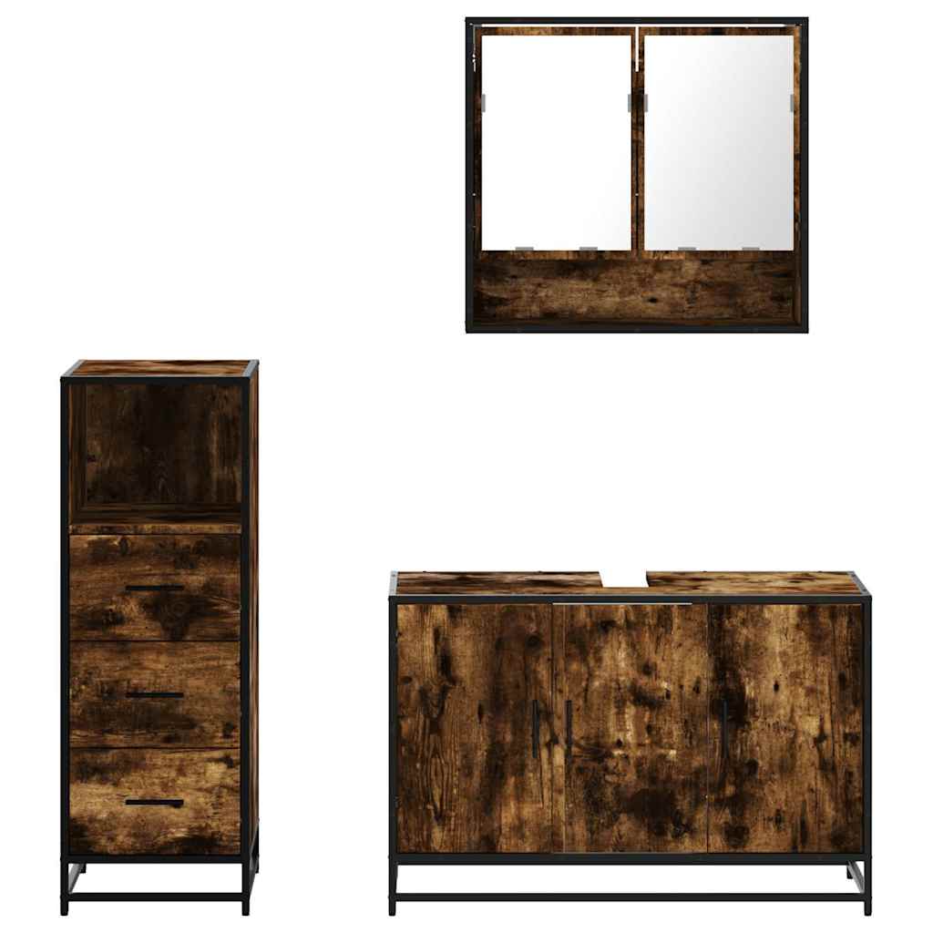 3 Piece Bathroom Furniture Set Smoked Oak Wood Based Panel