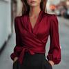 Women's V Neck Long Puff Sleeve Satin Wrap Blouse Self Tie Waist Elegant Office Crop Shirt