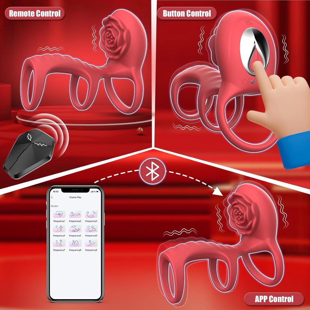 Rose Vibrierender Penisring Rose Klitorale G-Punkt Stimulation Penisring Vibrator, APP-Fernsteuerung 9 Vibrationen Männlich Weiblich Erektion Erotische Produkte