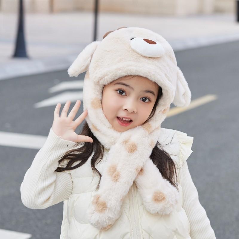 Childrens Cute Cartoon Hat With Moving Ears And Warm Neck Wrap For Snow Days
