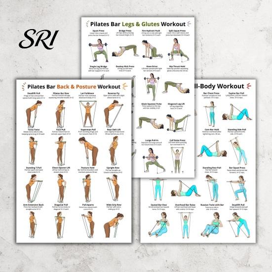 Yoga And Pilates Poster 3Pcs Bar Full Body Workout Set Leg Hip Arm Back Posture Exercise Routine Guide Chart for Home Gym Laminated Fitness Beginners