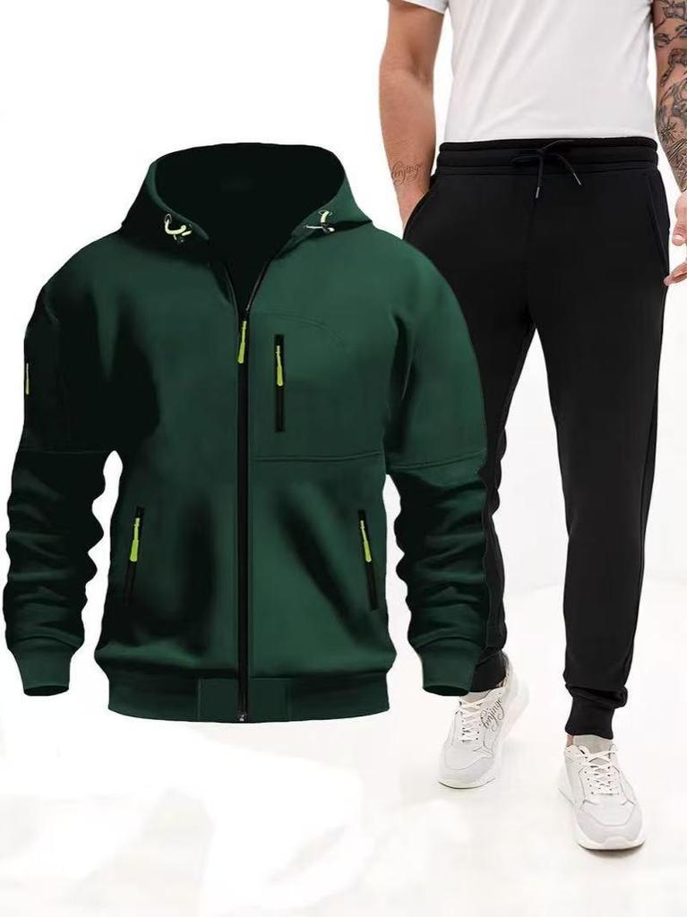 2025 Men's Plus Size Hooded Zip-Up Sports Hoodie & Jogger Set for Autumn/Winter