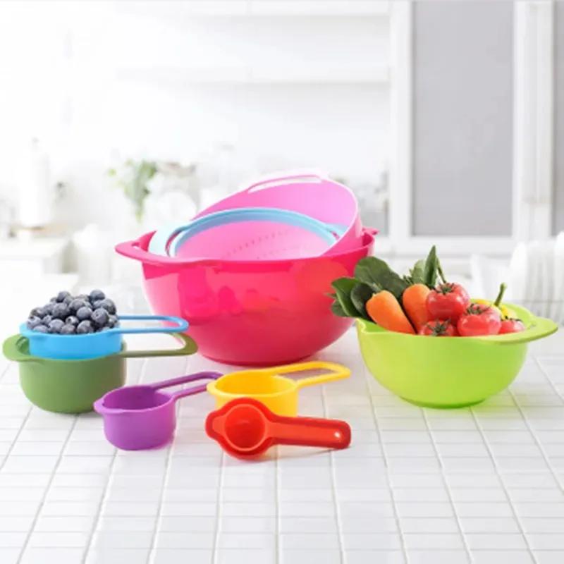 10 Pcs/set Rainbow Mixing Bowls Nesting Bowls Stackable Measuring Cups Sieve Strainer Multifunctional Colander Salad Baking Tool