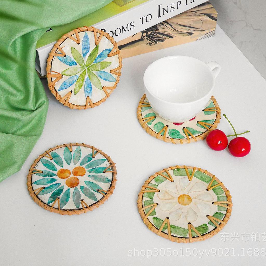 Tapis isolant thermique en céramique et rotin, sous-verre en coquillage, dessous de tasse à thé, tapis anti-brûlure tissé à la main en coquillage pour table basse