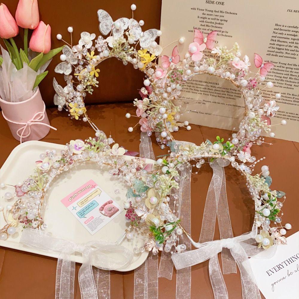 Pearl Princess Headband Butterfly Floral Crown Head Hoop Beautiful Child Wreath for Girls