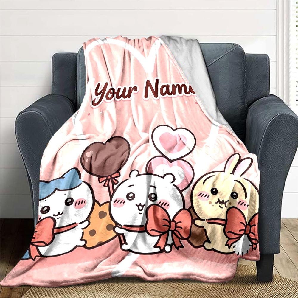 1pc Chiikawa Blanket with Custom Name, Gift, for Men and Women, Soft Blanket, Good for Sofa Bed Couch Travel, Lightweight Flannel Blanket