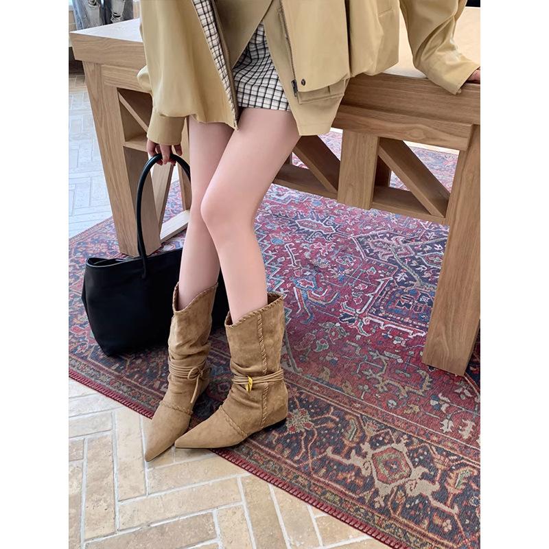 Retro Inner Height Increase Pointed Thin Medium Tube Knight Boots Women's 2025 New Lazy Wind Western Cowboy Pile Boots