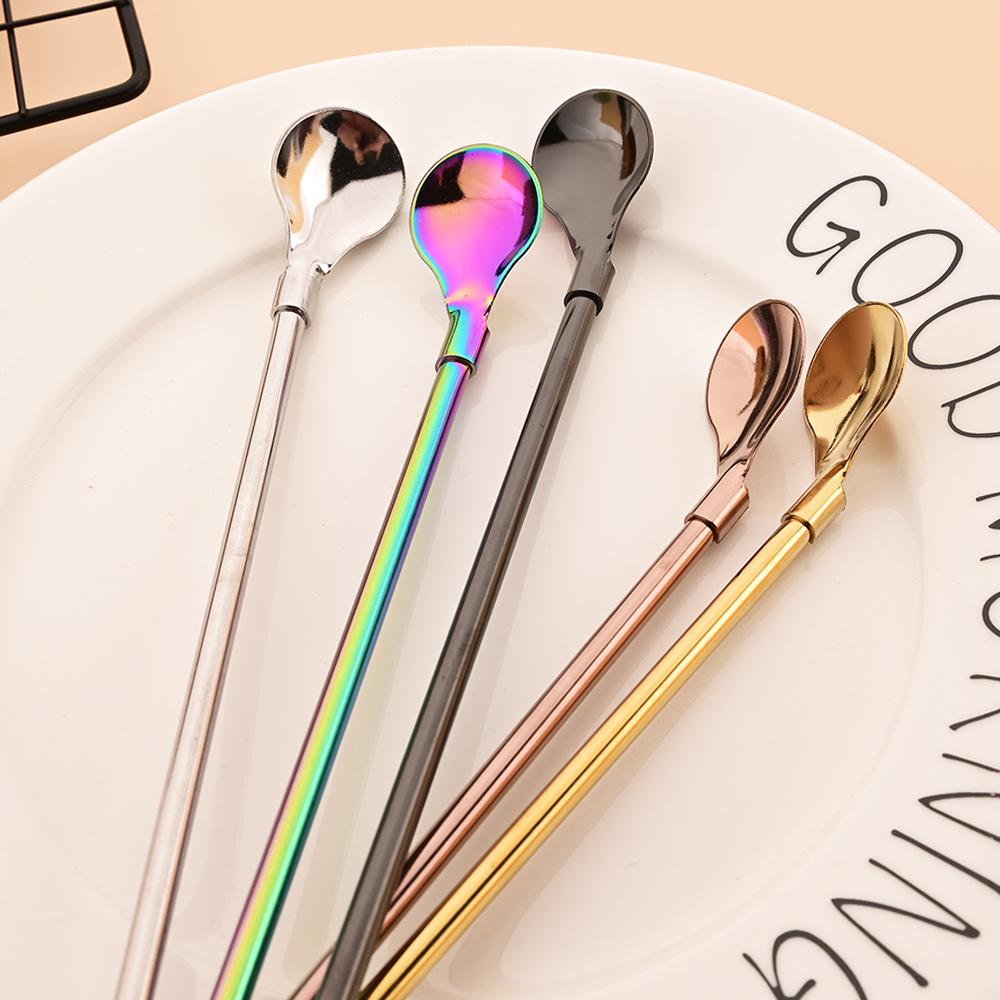 7Pcs Milkshakes Cocktails Coffee Juice Straw Set 2-in-1 Stainless Steel Straw Spoon Set Reusable Drinking Straws Bar Accessories