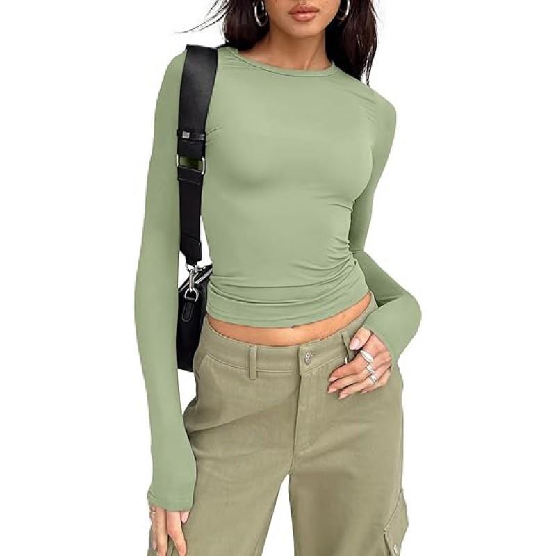 Womens Basic Long Sleeve Top Slim Fit Round Neck Milk Soft Tee Casual Everyday Wear