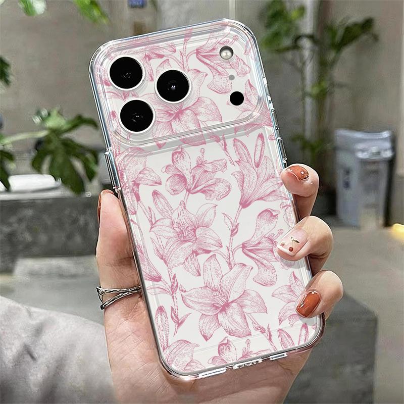 Pink Lily Flower Print Clear Phone Case For iPhone 17e 17 16 15 14 13 Pro Max 17 Pro 16e 12 11 Transparent Shockproof Soft Cover