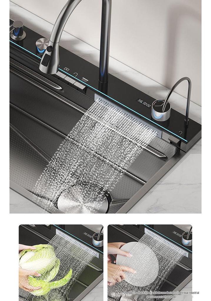 Lavello da Cucina a Vasca Singola Grande da 6MM con Display Digitale, Doccetta Integrata e Design Embossato a Nido d'Ape Nano in Acciaio Inossidabile 304